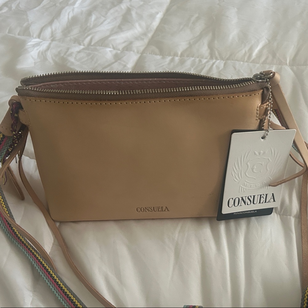 Consuela Tan Crossbody Bag with Multicolor Strap